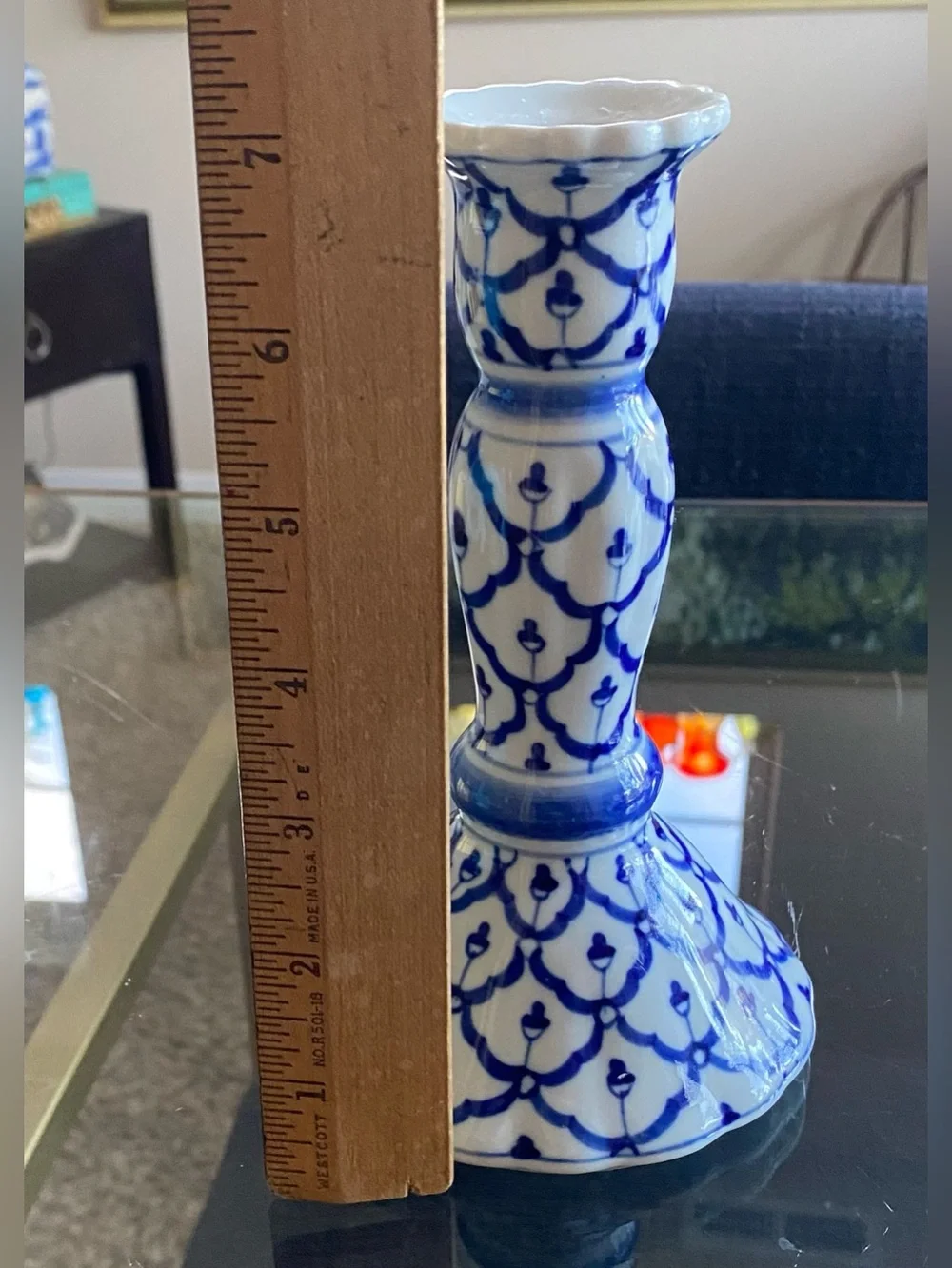 VTG Andrea by Sadek Candlestick Blue White Chinoiserie Porcelain 7”